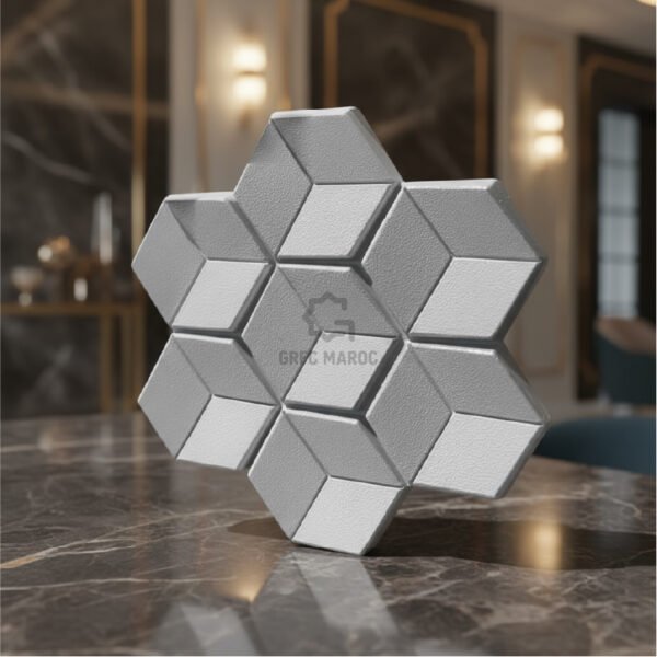 Panneau mural décoratif en GRC / GRG au motif géométrique hexagonal moderne, idéal pour sublimer vos façades et intérieurs avec élégance et durabilité.